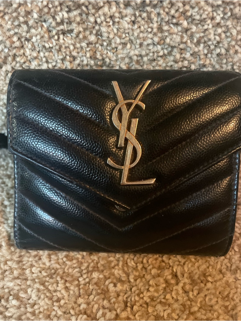 Yves Saint Laurent Black Quilted Chevron Leather Wallet with Gold YSL Emblem